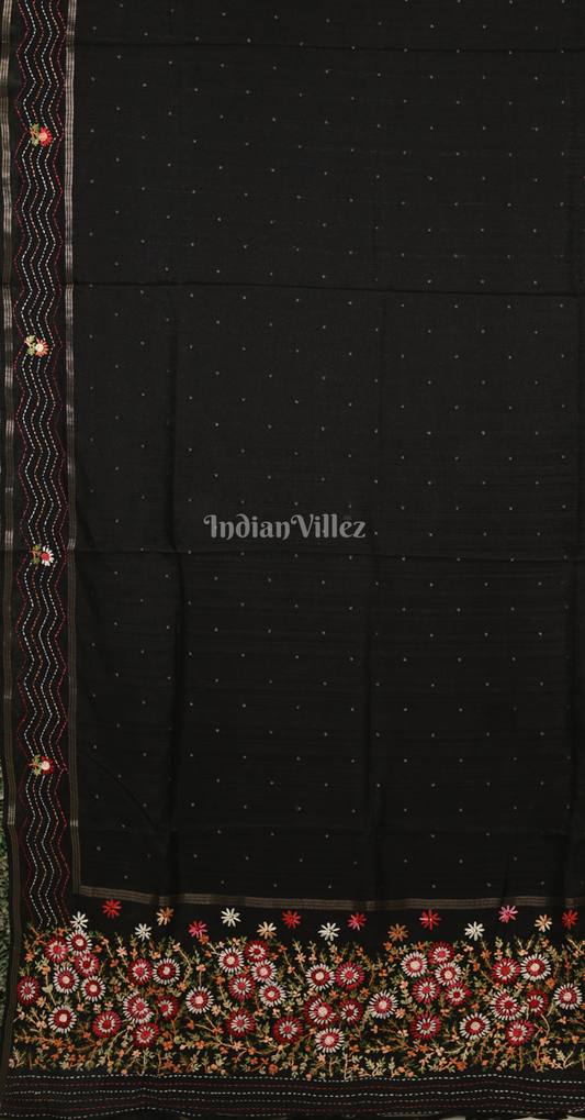 Black Tussar Silk Saree with Floral Embroidery Work