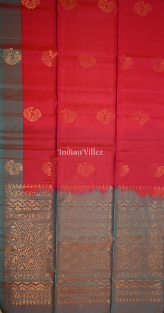 Red Teal Blue Zari Pure Kanjivaram Soft Silk Saree