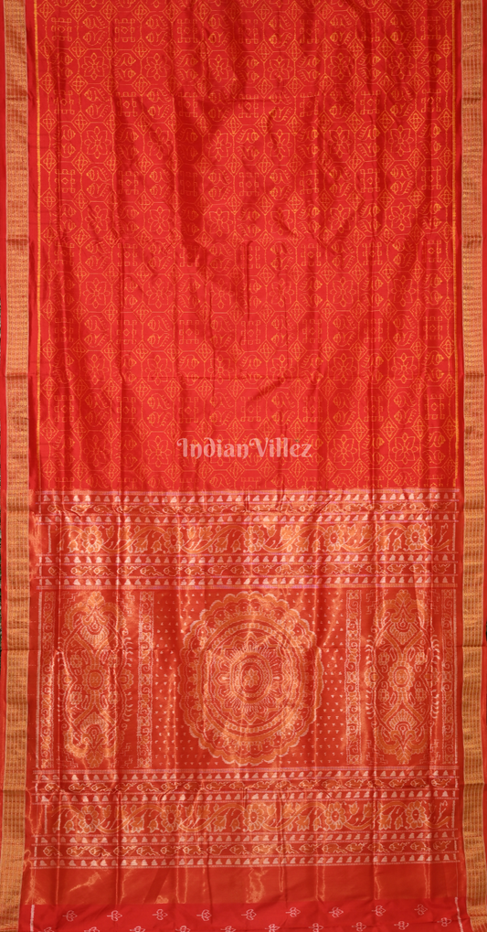 Exclusive Red Sankha & Flower Motif Half Tissue Odisha Ikat Sambalpuri Silk Saree
