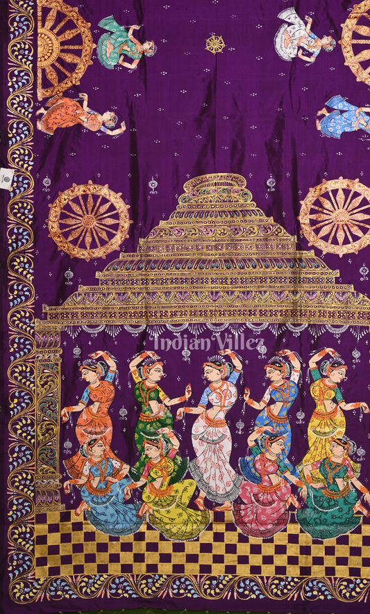 Purple Green Nartaki Konark Temple Hand-Painted Pattachitra Saree