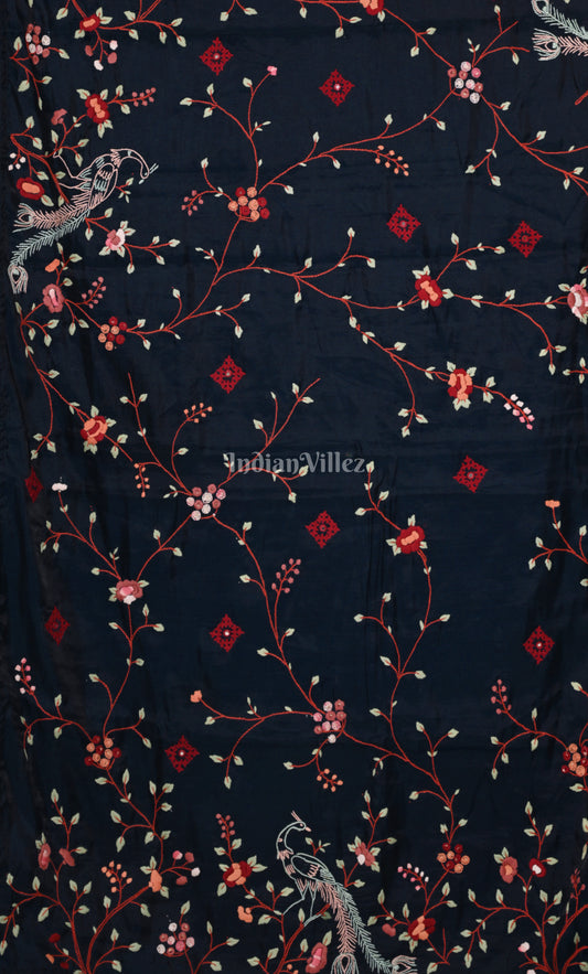 Blue Tusasr Silk Saree with Floral Hand Embroidery