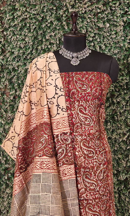 Maroon Off White Bagru Block Printed Chanderi Silk Suit Sets