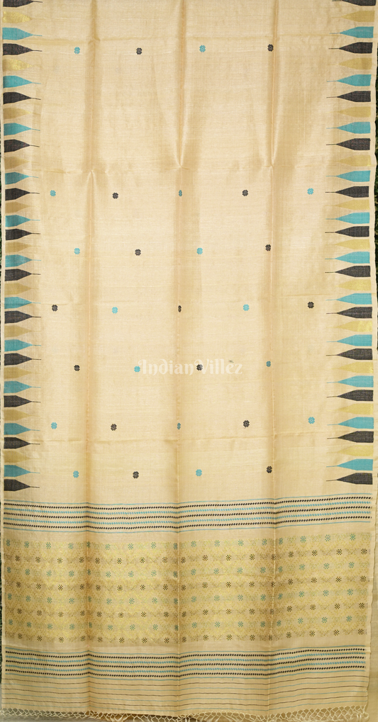 Beige Blue Tussar Silk Jamdani Saree