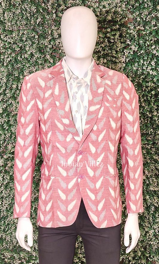 Peach Pink leaf Motif Odisha Ikat Men's Designer Blazer