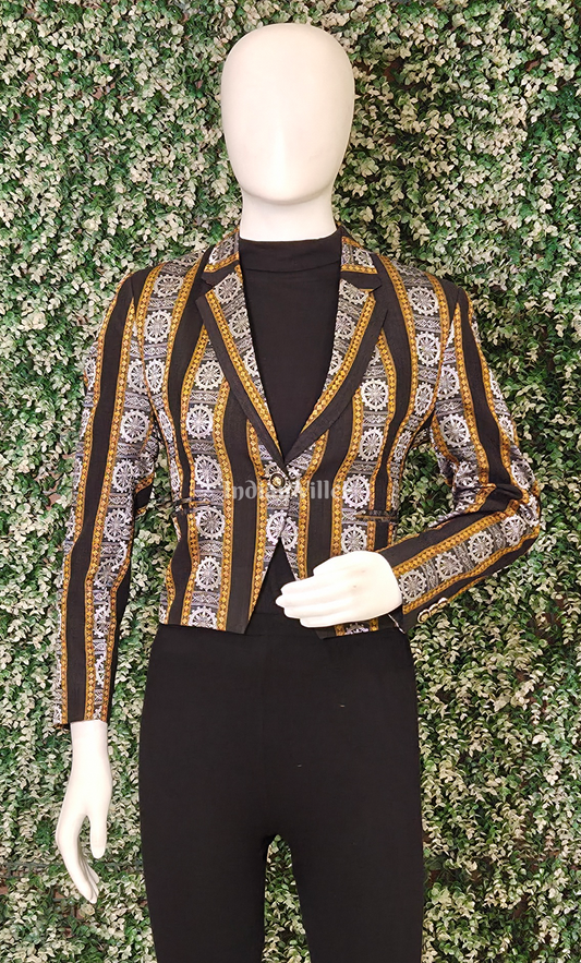 Black Golden Konark Chakra Odisha Ikat Women's Designer Blazer