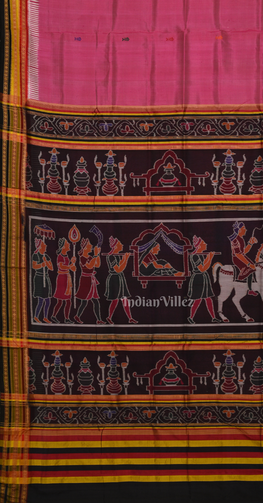 Rani Pink Black Fish Motif Kathiphera Khandua Silk Saree with Doli Barat Anchal