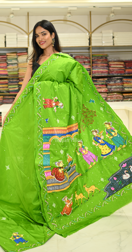 Green Radha Krishna Raas Leela Hand-Painted Pattachitra Saree