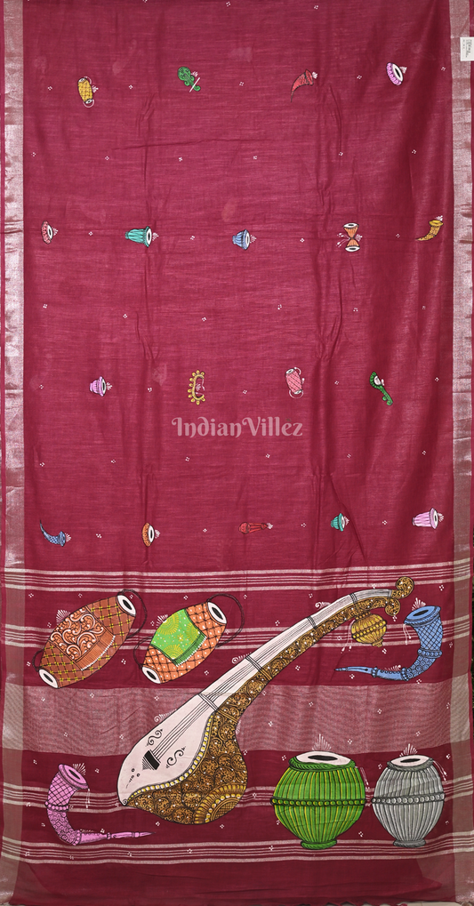 Maroon Musical Theme Hand-Painted Pattachitra Saree