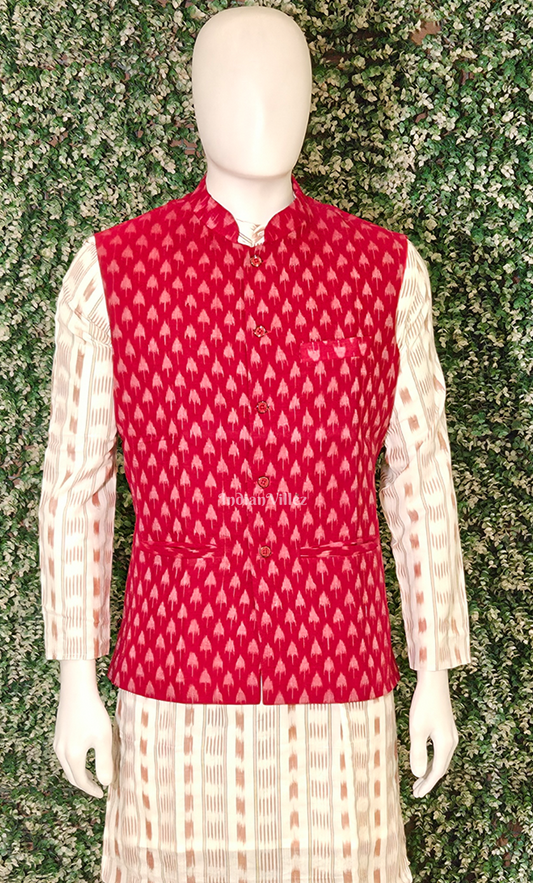 Red Mashroom Motif Odisha Ikat Half Bandi Jacket for Men