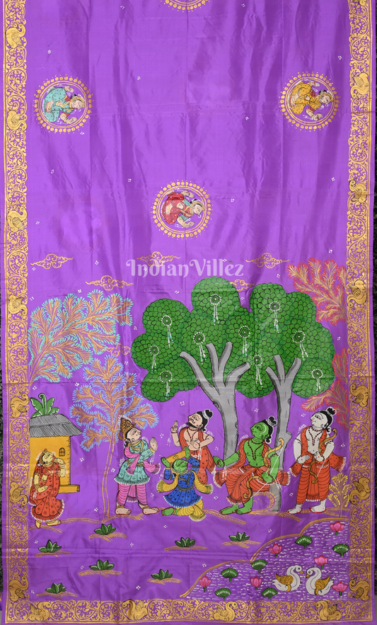 Lavender Ramayana Theme Hand-Painted Pattachitra Saree