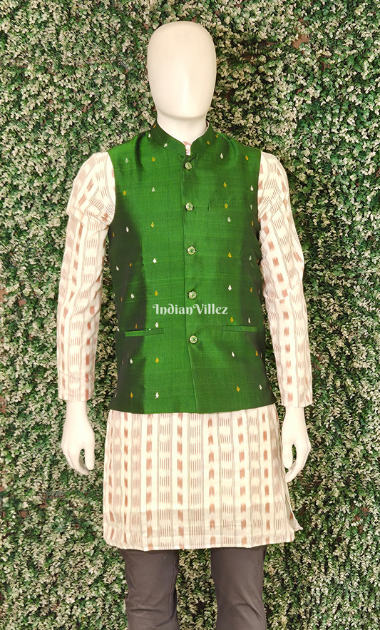 Forest Green Buti Design Odisha Ikat Half Bandi Jacket for Men