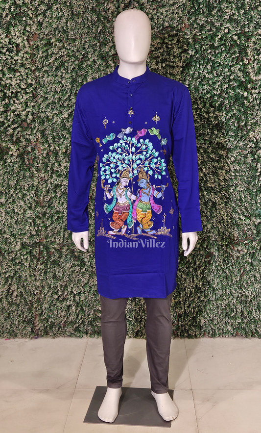 Royal Blue Krishna Murali Theme Hand-Painted Pattachitra Kurta