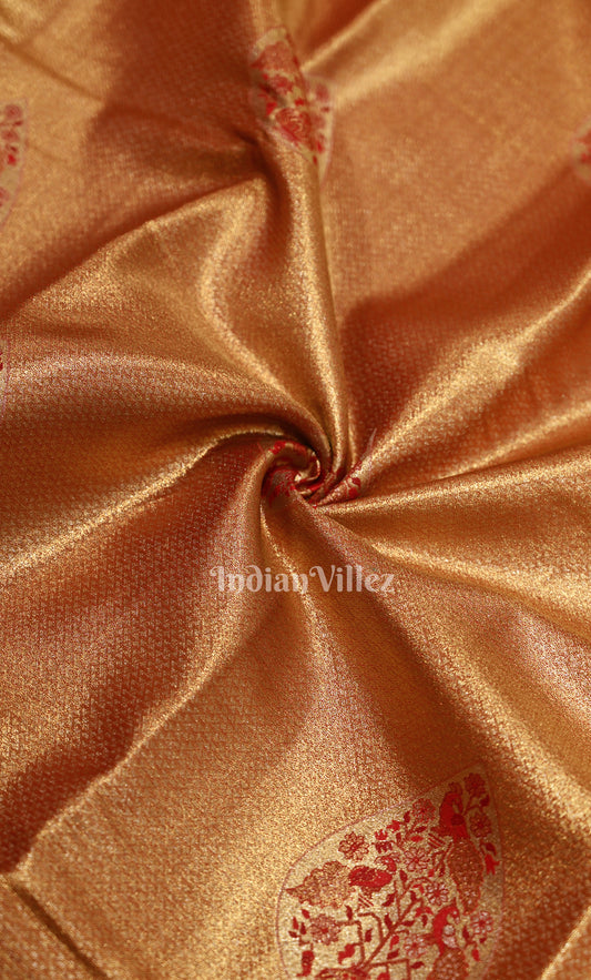 Light Orange Red Paisley Pure Kanjivaram Tissue Silk Saree