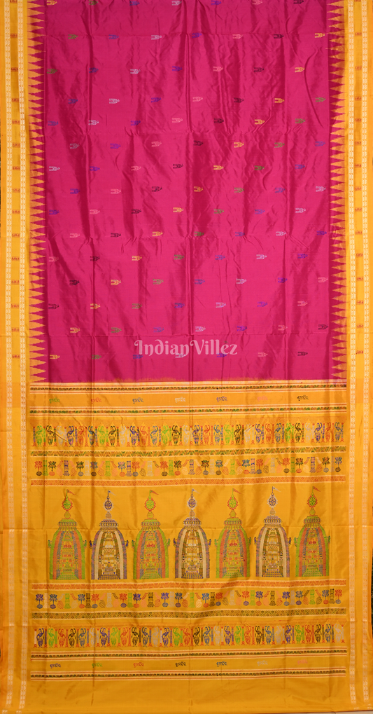Rani Pink Yellow Shree Mandir Theme Bomkai Sambalpuri Ikat Silk Saree