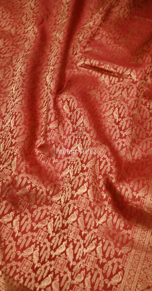 Exclusive Bridal Red Brocade Pure Kanjivaram Silk Saree with Flower Bird Pattern
