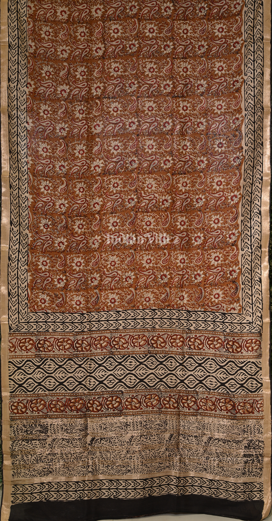 Maroon Block Printed Bagru Cotton Saree