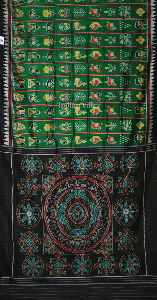 Green Black Nabakothi Odisha Ikat Khandua Silk Saree with Pecock Elephant Chandua Anchal