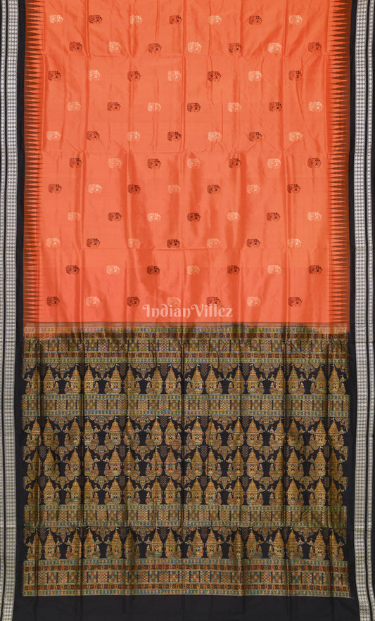 Orange Black Odisha Ikat Bomkai Sambalpuri Silk Saree