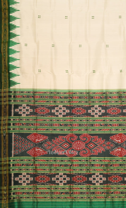 White Green Buti Design Odisha Ikat Khandua Silk Saree with Pasapali Anchal
