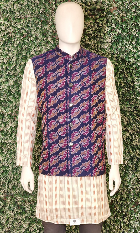 Indigo Blue Brown Leaf Motif Odisha Ikat Half Bandi Jacket for Men