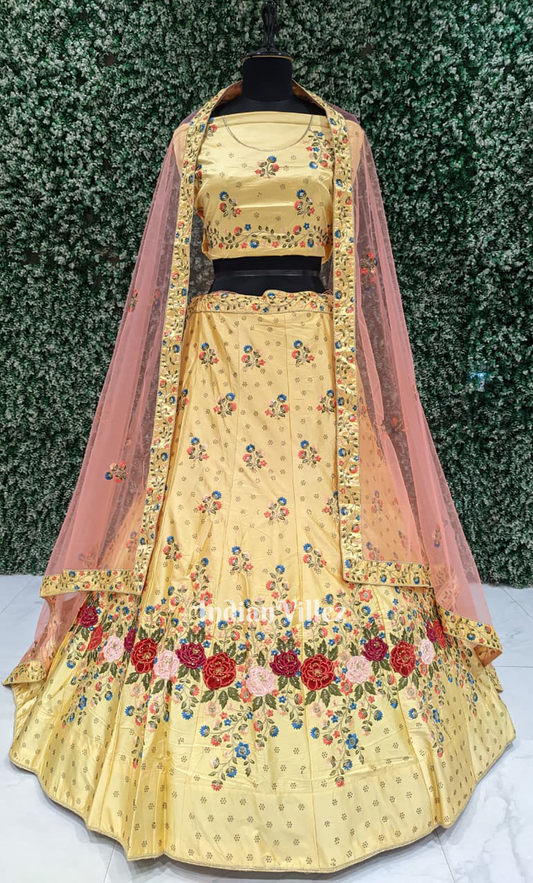Yellow Peach Floral Embroidery Lehenga Choli with Dupatta