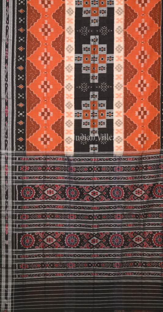 Orange Black Pasapali Odisha Ikat Sambalpuri Cotton Saree