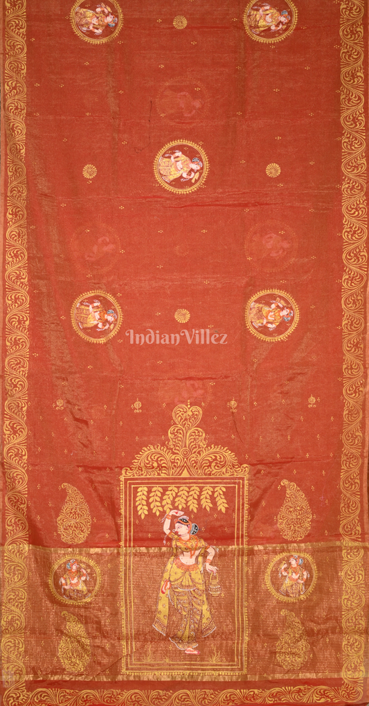 Rust Orange Shringar Raas Hand- Painted Pattachitra Saree (Tissue)