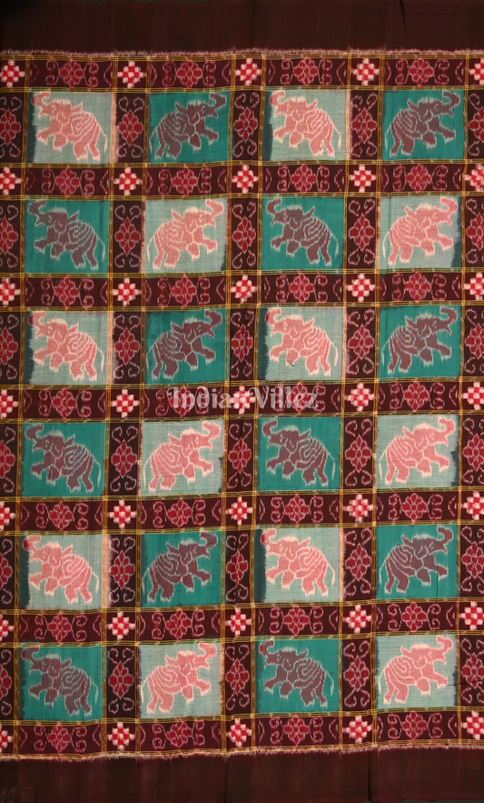 Coffee Green Elephant Theme Odisha Ikat Sambalpuri Dress Set & Dupatta