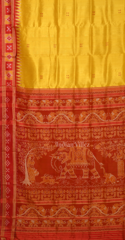 Yellow Red Pasapali Border Khandua Silk Saree with Elephant Anchal