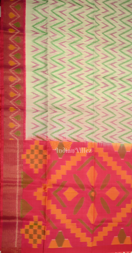 Off White with Multi Color Pochampally Ikat Silk Saree