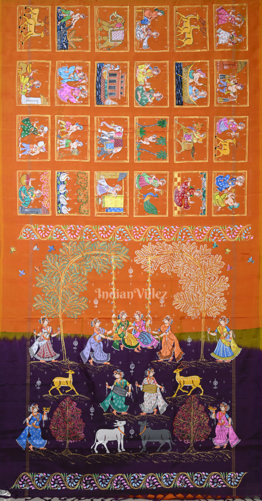 Rust Orange Purple Village Theme Hand- Painted Pattachitra Saree