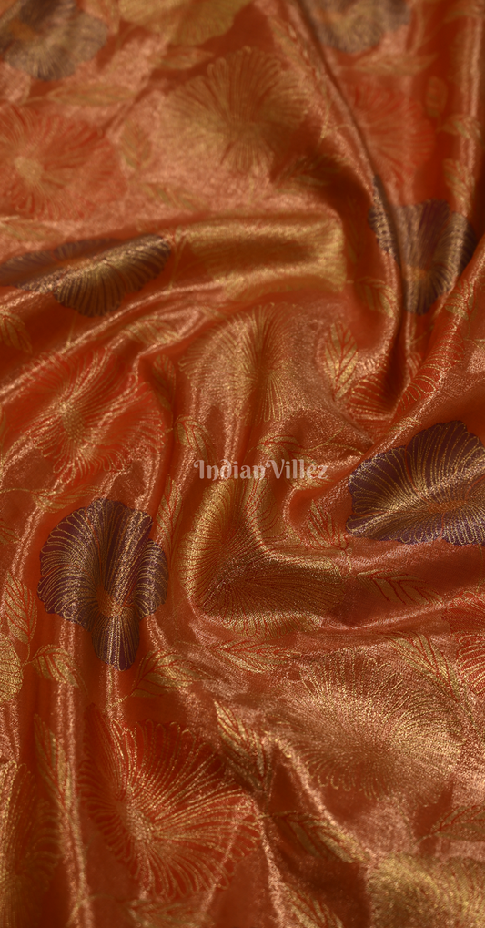 Metallic Orange Purple Floral Pure Kanjivaram Tissue Silk Saree