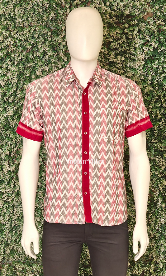 Grey Red Zigzag Motif Odisha Ikat Cotton Half Sleeve Shirt for Men