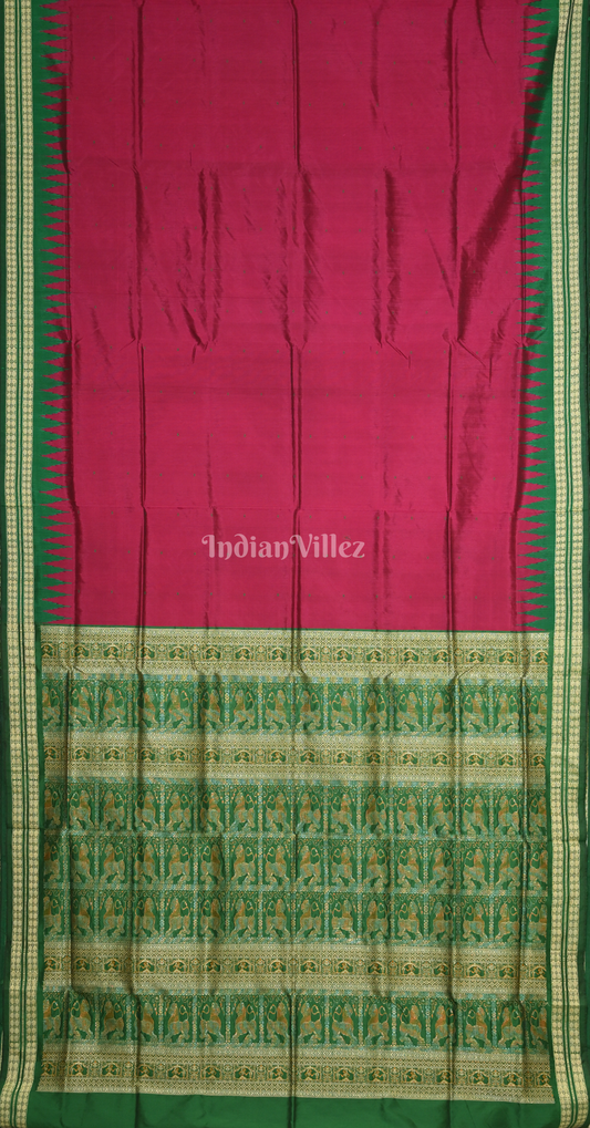 Magenta Pink Green Buti Design Odisha Ikat Bomkai Silk Saree
