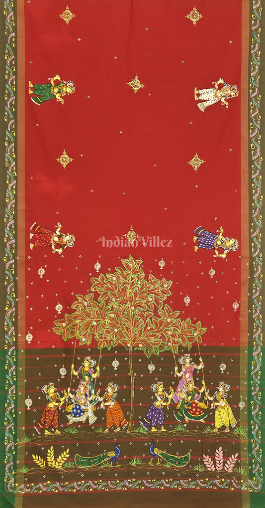 Red Olive Green Raja Doli Theme Hand-Painted Pattachitra Saree