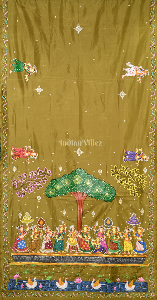 Mehendi Green Nauka Vihar Hand-painted Pattachitra Saree
