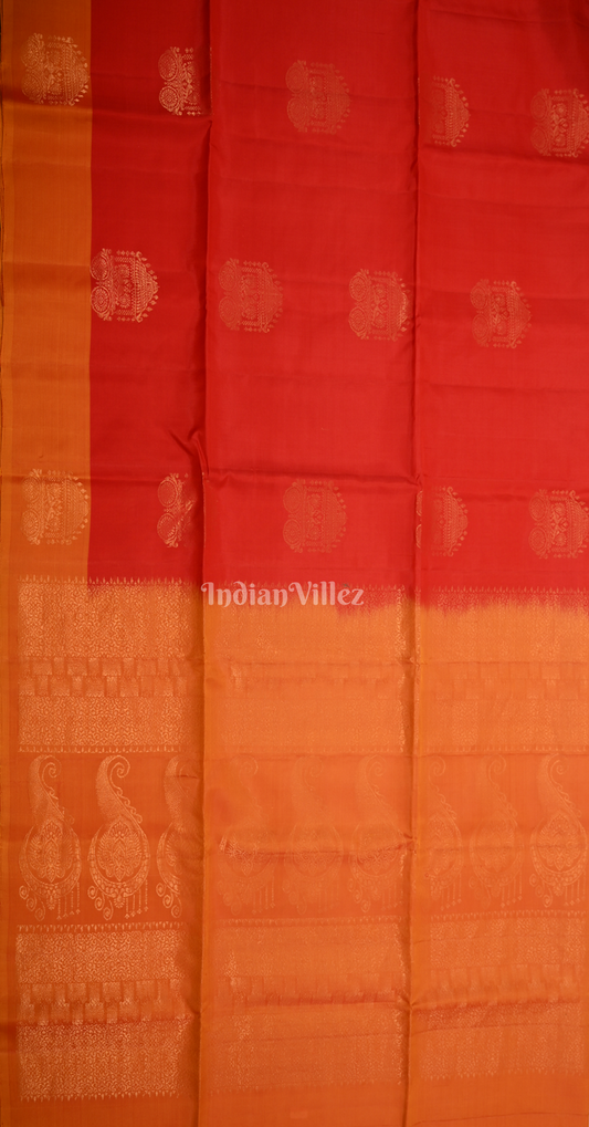 Red Orange Floral Zari Pure Kanjivaram Soft Silk Saree