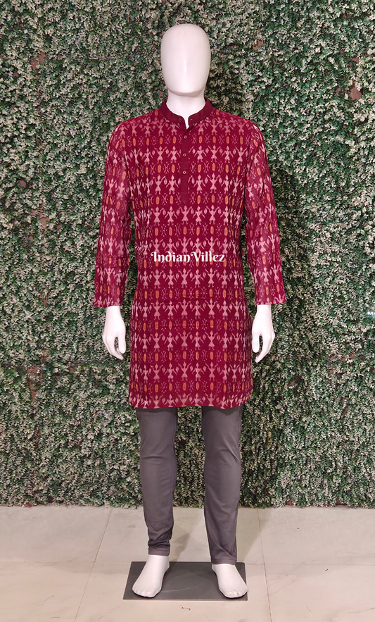 Maroon Tribal Motif Odisha Ikat Cotton Kurta for Men
