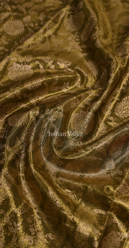 Moss Green Red Paisley Floral Pure Kanjivaram Tissue Silk Saree