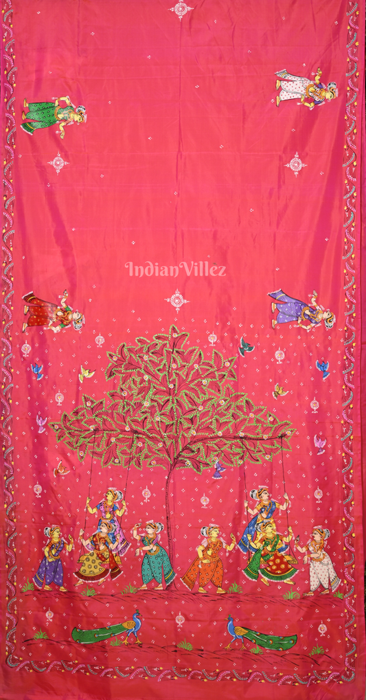 Magenta Pink Raja Doli Theme Hand-Painted Pattachitra Saree