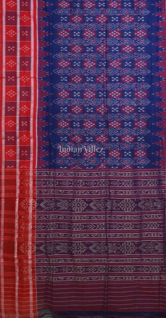 Blue Red Pasapali Odisha Ikat Sambalpuri Cotton Saree with Double Pasapali Border