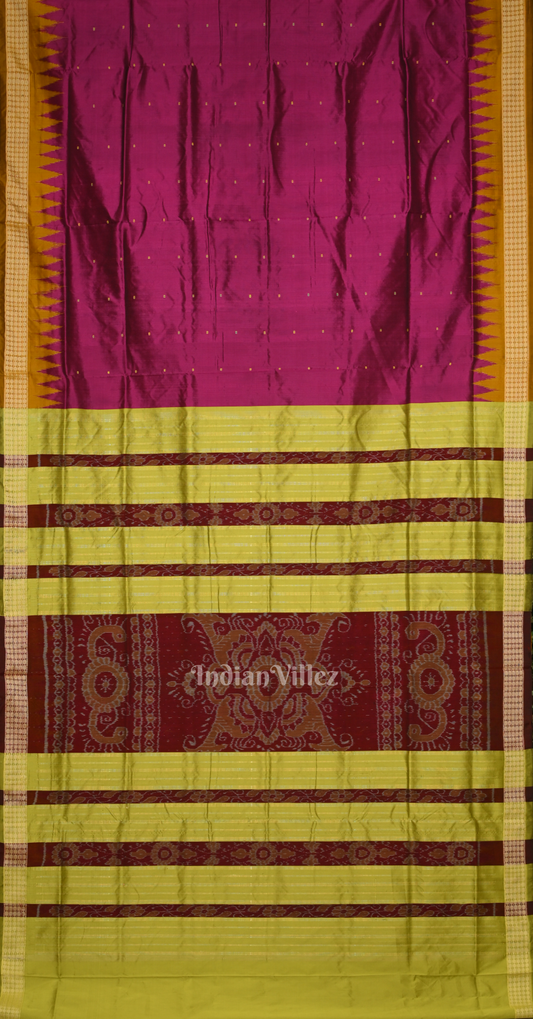 Magenta Pink Olive Green Buti Design Odisha Ikat Bomkai Sambalpuri Silk Saree