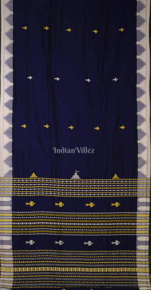 Navy Blue White Odisha Handloom Natural Dye Kotpad Cotton Saree