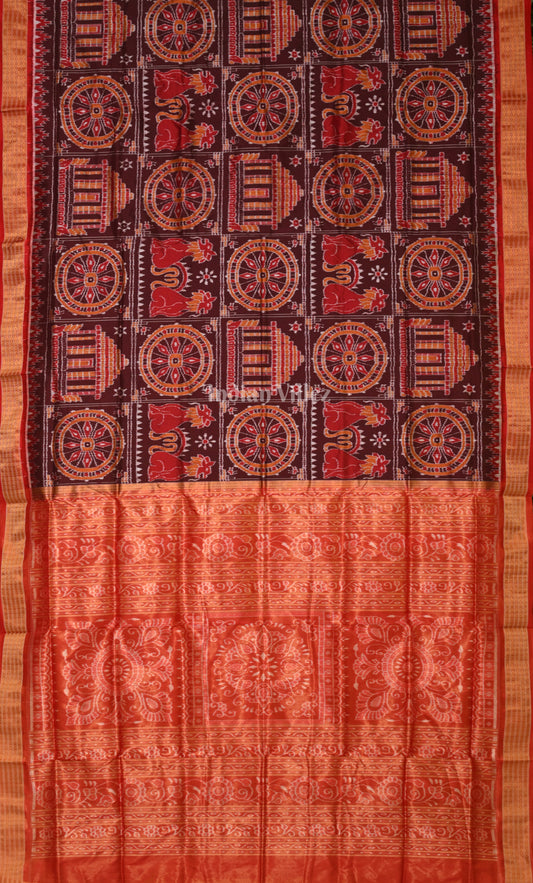 Coffee Red Konark temple & Wheel Design Half Tissue Sambalpuri Silk Saree