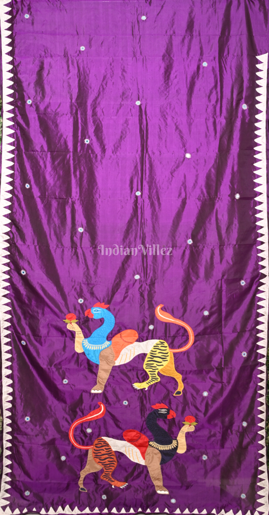 Purple Navagunjara Theme Hand Embroidered Applique Work Saree