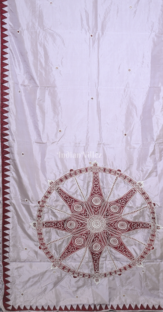 White Maroon Konark Chakra Hand Embroidered Applique Work Saree