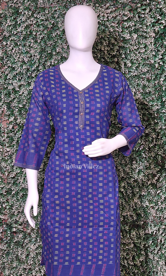 Royal Blue Pochampally Cotton Kurti Set with Pallazo