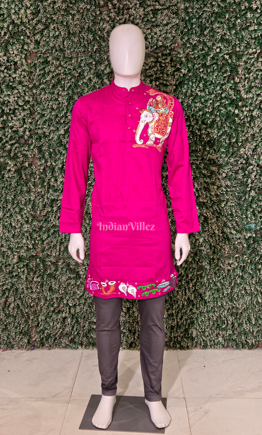 Rani Pink Kandarpa Hati (Elephant) Hand-Painted Pattachitra Kurta (Mulberry Silk)