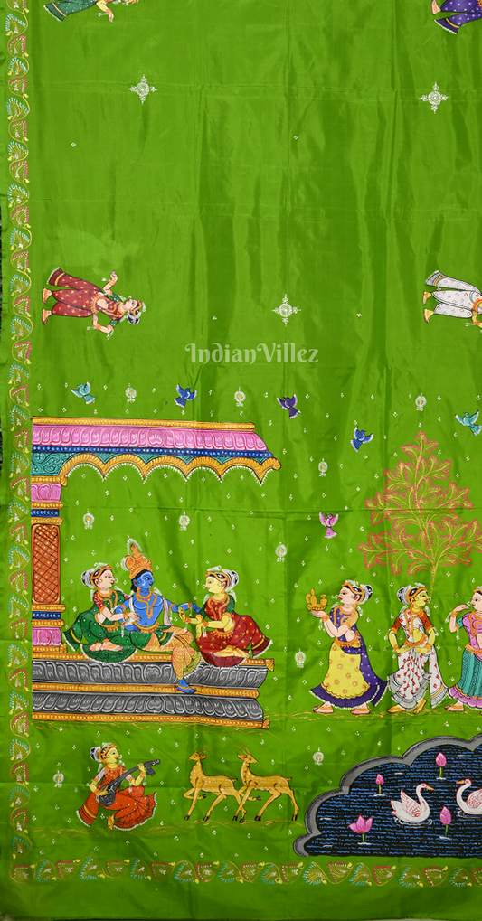 Green Radha Krishna Raas Leela Hand-Painted Pattachitra Saree