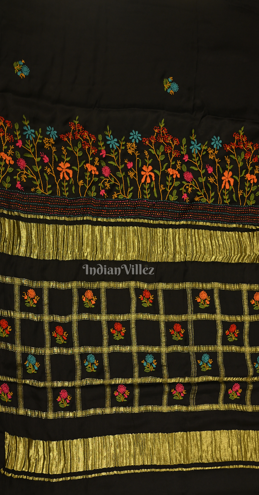 Black Kutch Embroidery Work Gaji Silk Saree